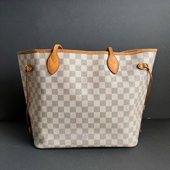 Louis Vuitton Neverfull MM Damier Azur Tote Bag Cream Checkered Purse Authentic - Picture 2 of 16